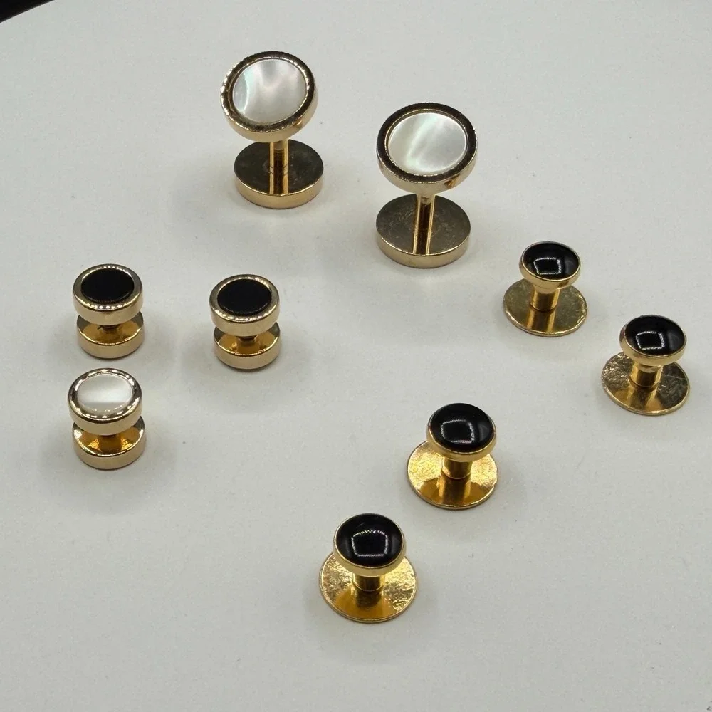 Gold Tone Tuxedo Stud Cufflink Set Black Mother of Pearl Formal Dress Shirt